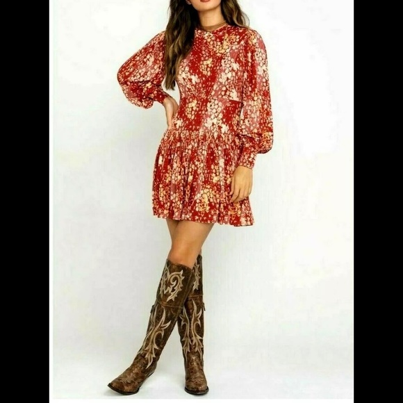 Free People Heartsbeat Mini Dress in Red ditsy floral rust combo size L NWT New - Picture 2 of 16